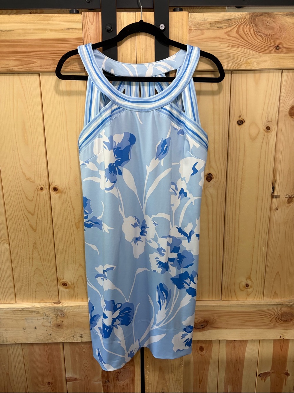 Gretchen Scott Sz Large Blue/White Flower Halter Dress w/ Cutouts Beach Cruise